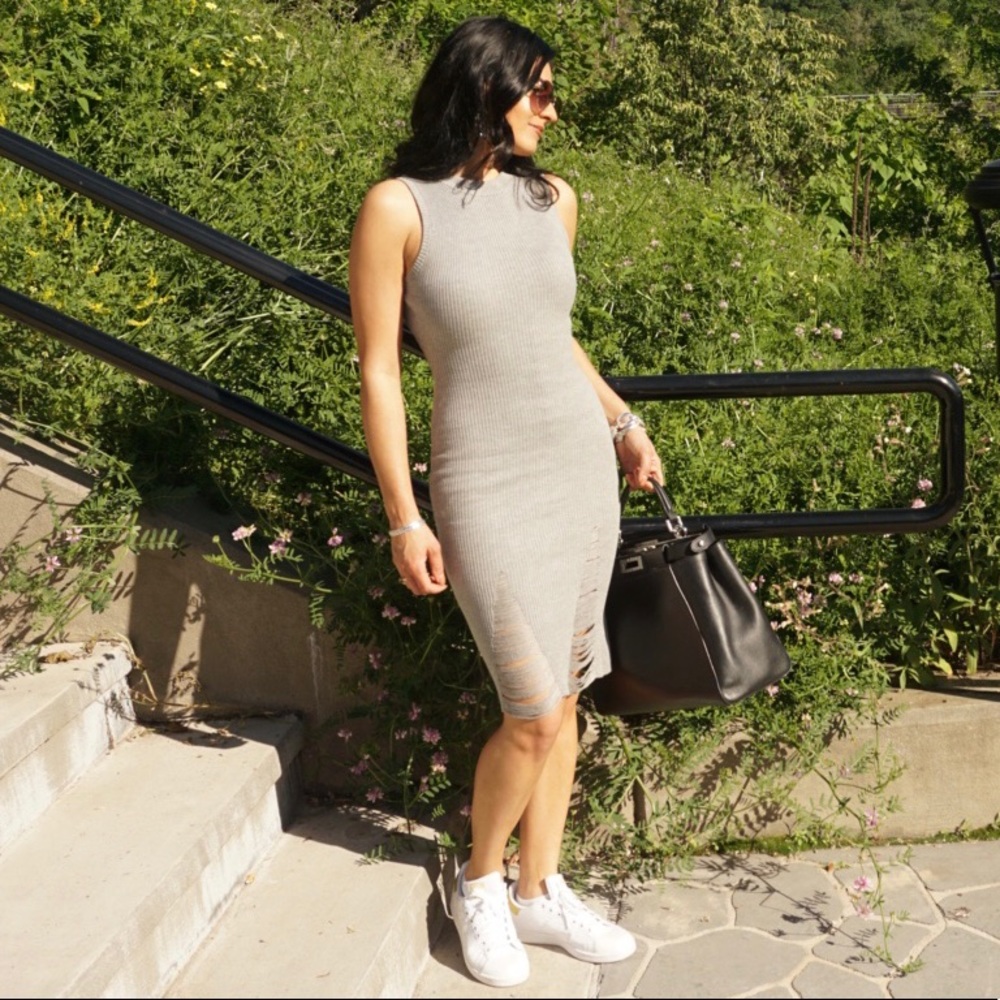 Distressed stretch Knit BODY-CON DRESS- Gray